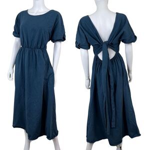 Free People Women Size M Sorrento Blue Cotton Pullover Tie Back Midi Dress
